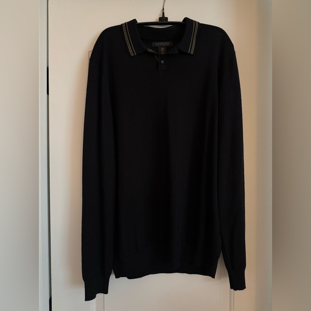 Lachlan Black Long Sleeve 100% Merino Wool Polo Sweater with Striped Collar